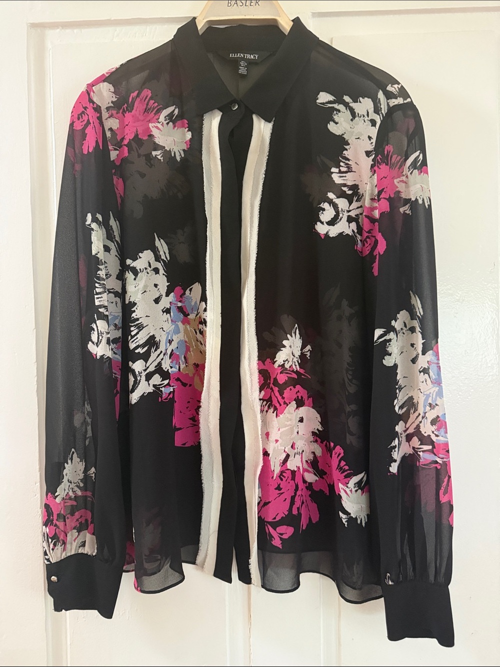 Ellen Tracy Black Sheer Blouse with Pink & White Floral Print